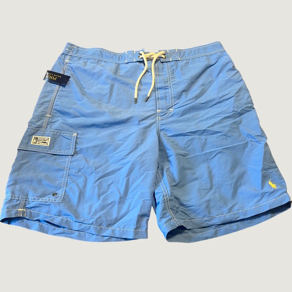NWT Polo Ralph Lauren Mens Large Swim Trunks Blue Yellow Pony Cargo Board Shorts